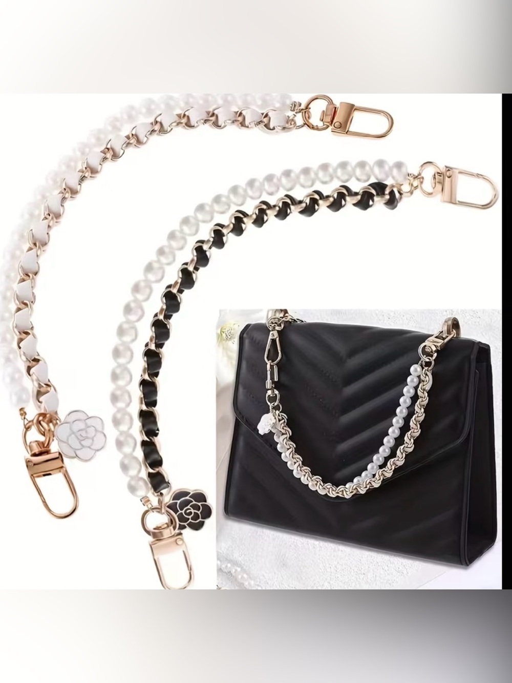 Fashion Jewelry Double Strand Pearl & Chain Camellia 2 pc Set-White-Black & Gold
